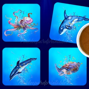 Animales Marinos 4 DISEÑOS para posavasos cuadrados Tortuga Delfín Ballena Pulpo 4 PLANTILLAS Mar Océano Náutica Vida Marina Splash Oro Imprimible