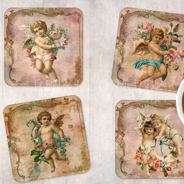 Victorian angels  4 DESIGNS square coasters TEMPLATES designs PNG bundle retro Victorian roses Shabby Rose vintage aged distressed image