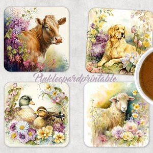 Fam Animas 4 PROJETOS para montanhas-russas quadradas scrapbooking 4 MODELOS Retro Victorian Aquarela Animais Impressão Vaca Cão Ovelha Patos Flores