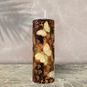 Gold butterflies 20oz Skinny Tumbler  DESIGN abstract leopard gold background SUBLIMATION PNG  butterfly  Digital Download Template