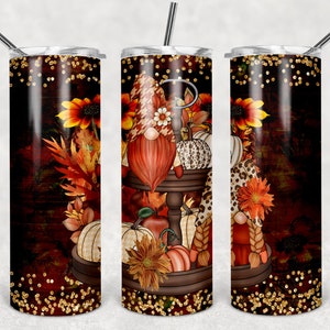Fall gnomes 20oz Skinny Tumbler TEMPLATE Fall gnomes pumpkin harvest gnomes Sublimation DESIGN fall autumn gnomes sunflowers gold glitter
