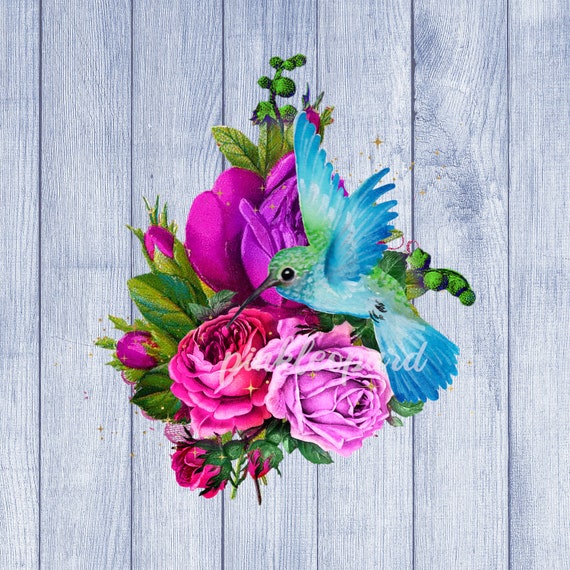 Floral Hummingbird Clipart: Lilac Roses, Colorful Bird (PNG Digital Download)