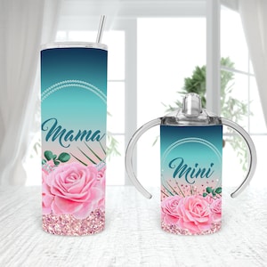 Rosas rosadas a juego Mommy me Straight Sippy Cup 12oz 20oz vaso Sublimación 4 PLANTILLAS Descargar PNG rubor rosa floral en blanco agregar texto del nombre