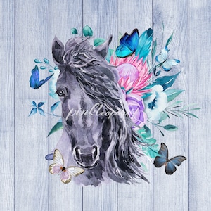 Florales Pferd Sublimationsdesign Boho Pferd Clipart Pferd und Schmetterlinge 3 Designvarianten Blumen Pferd Just a girl who love Pferde PNG