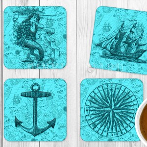 Mapa náutico vintage 4 DISEÑOS posavasos cuadrados PLANTILLAS diseños PNG plantillas de paquete retro náutico sirena ancla brújula barco mapa