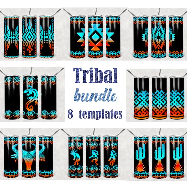 Tribal BUNDLE 20 oz Skinny Tumbler Sublimation Templates 8 Pack Tribal Aztec Boho Designs Bull Skull  Lizard , Cactuses Ethnic Folk  Bundle