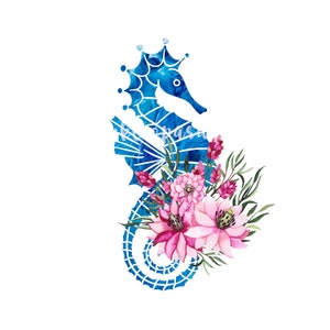 Floral Sea horse sublimation design pink and blue floral nautical clipart marine life graphic   printable seahorse peonies  download PNG
