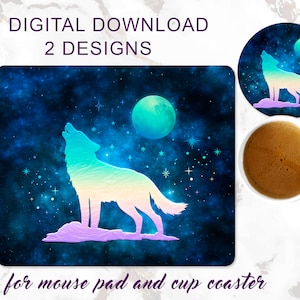 Plantilla de alfombrilla de ratón con diseño de lobo y luna, posavasos para bebidas, diseño de sublimación, diseño de lobo salvaje, pagano, wicca