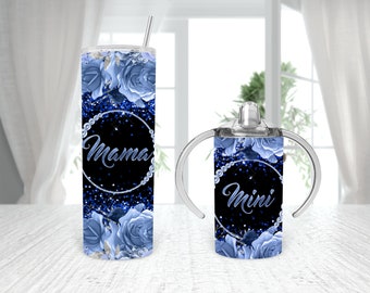 May include: A set of two stainless steel tumblers with a blue floral design and glitter accents. The larger tumbler says "Mama" and the smaller tumbler says "Mini".