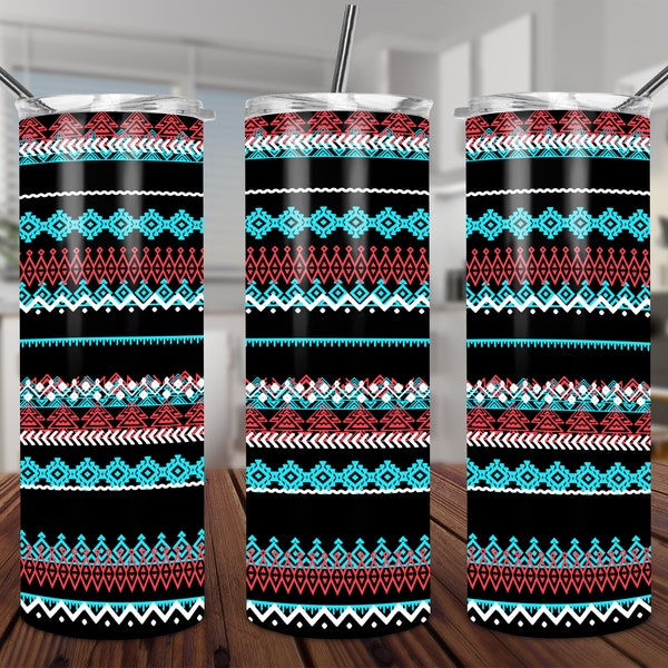 Teal Coral Tribal wrap TEMPLATE 20oz Skinny tumbler  Sublimation DESIGN tribal ethnic native southwest 2 design variants Aztec pattern PNG