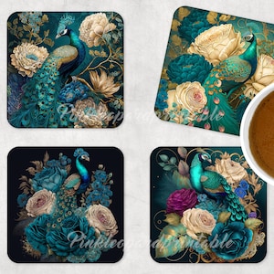 Vintage pauwenrozen 4 ONTWERPEN voor vierkante onderzetters scrapbooking 4 sjablonen pauwenbloemen pauwen kleurrijk afdrukbare retro pauw