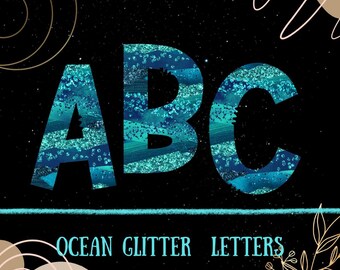 Ocean Teal Glitter Alphabet PNG, Blue Green Letters (Digital Download)