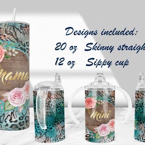 Leopard floral Matching Mommy and me Straight Sippy Cup Vaso de 20 oz Sublimación 4 DISEÑOS verde azulado leopardo guepardo DIGITAL agregar nombre de texto