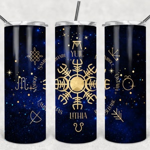 Wiel van het jaar 20oz magere beker SJABLOON Pagan Year melkwegsterren DESIGN Yule Lammas Wicca Pagan kosmologie Wiel van het jaar