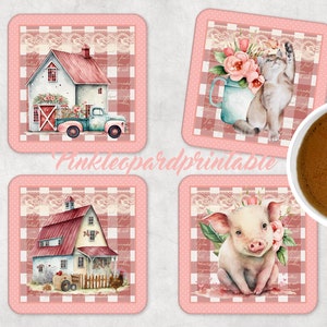 Boerderijdieren 4 ONTWERPEN voor vierkante onderzetters scrapbooking sjablonen kitten varken boerderij vrachtwagen bloemen mauve roos achtergrond boerderij afdrukbare