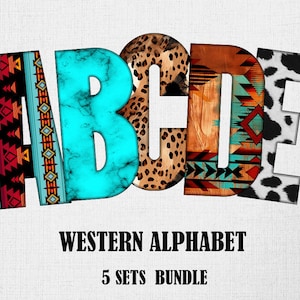 Alfabeto occidental PNG, 5 conjuntos de letras, turquesa, azteca, leopardo, piel de vaca, cobre oxidado, descarga digital, uso comercial