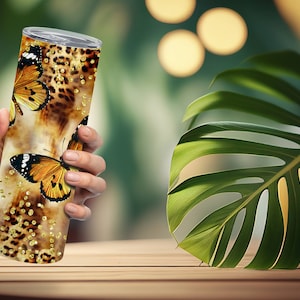 Sunflowers butterflies 20oz Skinny Tumbler TEMPLATE animal print gold butterflies Sublimation design DIGITAL sunflowers cheetah gold glitter