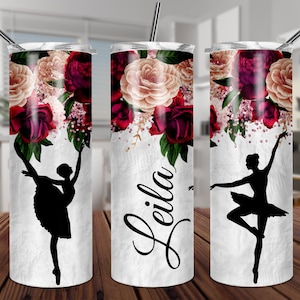 Sublimación de ballet 20oz Skinny Tumbler DISEÑO sin costuras bailarina de ballet PLANTILLA rosa granate rosas bailando bailarina agregar nombre personalizar PNG