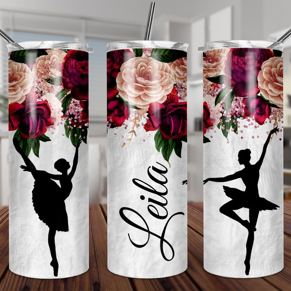 Ballet sublimation 20oz Skinny Tumbler seamless DESIGN ballet dancer TEMPLATE pink  maroon roses  dancing ballerina add name personalize PNG