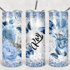 Blue Flowers Butterflies 20oz Skinny Tumbler naadloos SJABLOON zilver blauwe rozen beker download sublimatie DESIGN personaliseren naam toevoegen