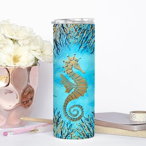 Seahorse 20oz Skinny Tumbler SJABLOON oceaan strand zee goud blauw zeepaardje Sublimatie ontwerp koraal zee ster onderwater ontwerp PNG