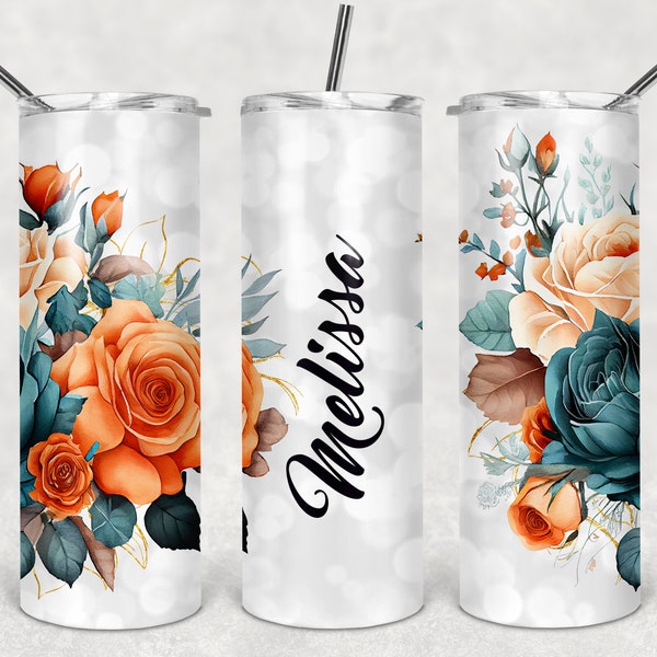 Teal Orange Flowers 20oz Skinny Tumbler Seamless TEMPLATES  Silver Blue  backgrounds Sublimation 3 DESIGN Variants  add name personalize