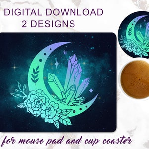 Galaxy Moon mouse pad PLANTILLA boho luna flores galaxia cristales celestiales a juego mouse pad posavasos Sublimación DISEÑOS personalizar