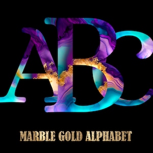 Alfabeto de mármol dorado PNG Patrón de mármol azul lila morado Letras doradas Monogramas del alfabeto Letras Elegante Sirena Galaxia Colores Números