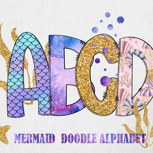 Letras del alfabeto de garabatos de sirena PNG, escamas iridiscentes, patrón de concha marina con purpurina dorada, PNG, descarga digital por sublimación, 4 conjuntos y clipart
