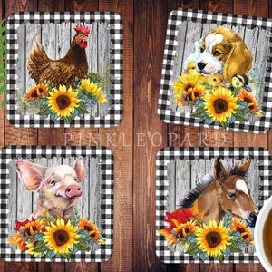 Lot de 16 modèles de ferme pour sous-verres animaux de la ferme, maison de campagne, modèle de ferme rétro, poulet, vache, cochon, chiot, oie, ferme, imprimable