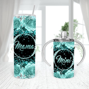 Vaso para beber recto a juego con diseño floral verde azulado de 20 oz para mamá y yo Sublimación 4 DISEÑOS Descarga digital PNG Rosas verde azulado en blanco Agrega tu texto