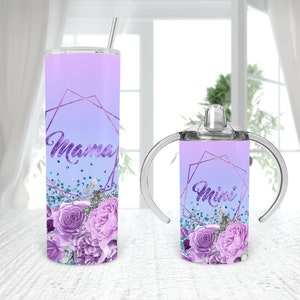 Lila floral Matching Mommy me Straight Sippy Cup 12oz 20oz vaso Sublimación Diseño boho flores lila violeta 4 PLANTILLAS añadir nombre texto