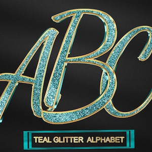 Conjunto de alfabeto de letras 3d con purpurina verde azulado Glam Bling Letras cromadas doradas con purpurina verde azulado Conjunto de alfabeto elegante con purpurina y monograma de sublimación