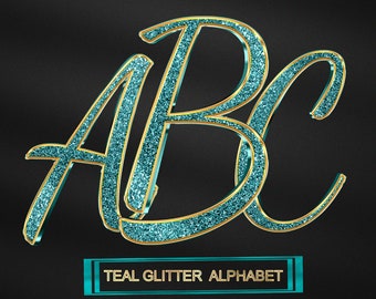 Teal Glitter Alphabet PNG Set, Gold Chrome Letters (Digital Download)