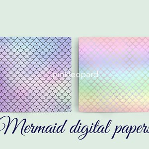 May include: Two square digital papers with mermaid scale patterns. One paper has a purple, blue, and silver gradient, and the other has a pink, yellow, and green gradient. The text "Mermaid digital papers" is written below the papers.