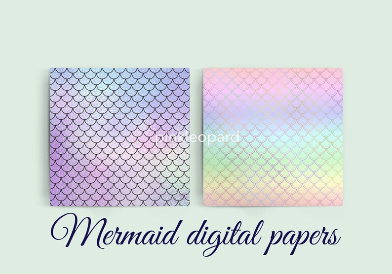 May include: Two square digital papers with mermaid scale patterns. One paper has a purple, blue, and silver gradient, and the other has a pink, yellow, and green gradient. The text "Mermaid digital papers" is written below the papers.