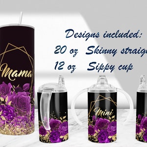 Oro púrpura Matching Mommy and me Straight Sippy Cup 20 oz vaso Sublimación 4 DISEÑOS Descarga digital PNG violeta floral en blanco agregar texto