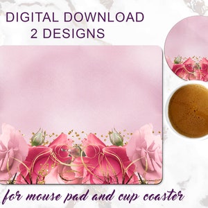 Blush Pink roses mouse pad TEMPLATE pink gold matching mouse pad drink coaster Sublimation DESIGNS pink flowers marble gold roses design png