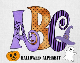 Halloween Alphabet Clipart Set, PNG Letters, Numbers (Digital Download)