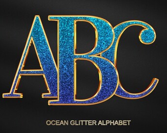 Blue Glitter Alphabet PNG Set, Gold Chrome Letters (Digital Download)