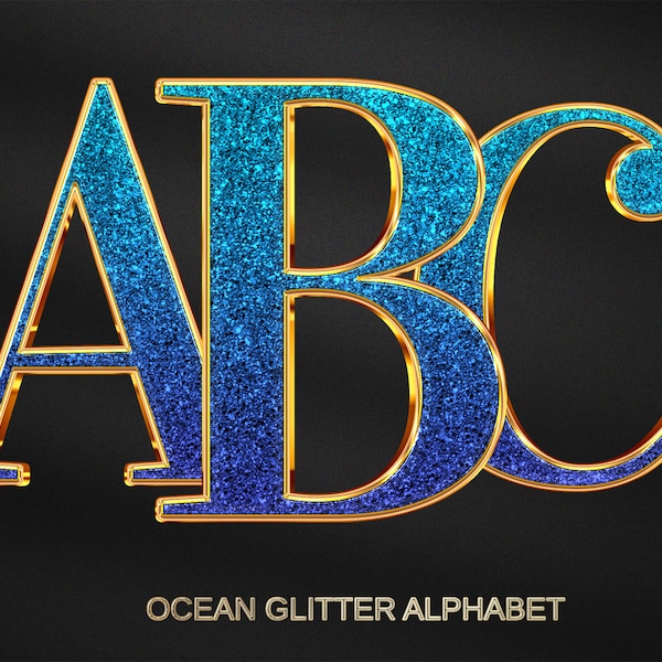 Blue Glitter Letters Alphabet Set Glam Bling Teal Blue Aqua  Glitter Gold Chrome Letters PNG Set Sublimation Monogram Alphabet