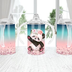 Copo de canudinho reto de sublimação de bebê fofo Panda 12 OZ DESIGN floral bebê Panda ouro rosa infantil copo de lados retos MODELO Sublimação png