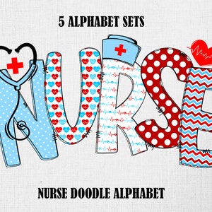 Letras del alfabeto de garabatos de enfermera PNG Lunares azules y blancos Clipart médico de enfermera PNG Sublimación Descarga digital 5 juegos Alfabeto de uso comercial