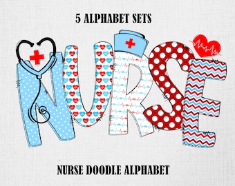 Nurse Doodle Alphabet PNG: Medical Clipart, 5 Sets (Digital Download)