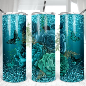 Rosas verde azuladas 20oz Skinny Tumbler DISEÑO verde azulado brillo boho flores mariposas Sublimación vaso envoltura DIGITAL Descargar plantilla brilla
