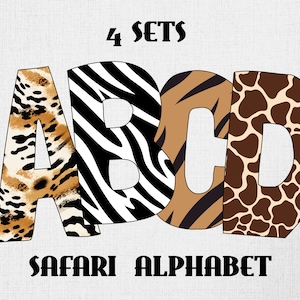 Safari-letters alfabet png-set dierenprint giraf luipaard zebra tijger Safari-print letters set png sublimatie commercieel gebruik POD
