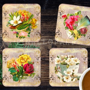 Rose Vintage 4 DISEÑOS montañas rusas cuadradas PLANTILLAS diseños PNG paquete plantillas retro flores victorianas pájaro Shabby Rose Bird Cottage