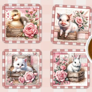 Shabby Chic Tiere auf dem Bauernhof 4 DESIGNS Quadratische Untersetzer grunge VORLAGEN Kätzchen Ente Kaninchen Ferkel Bauernhof Leben Rosen Distressed Templates Patina