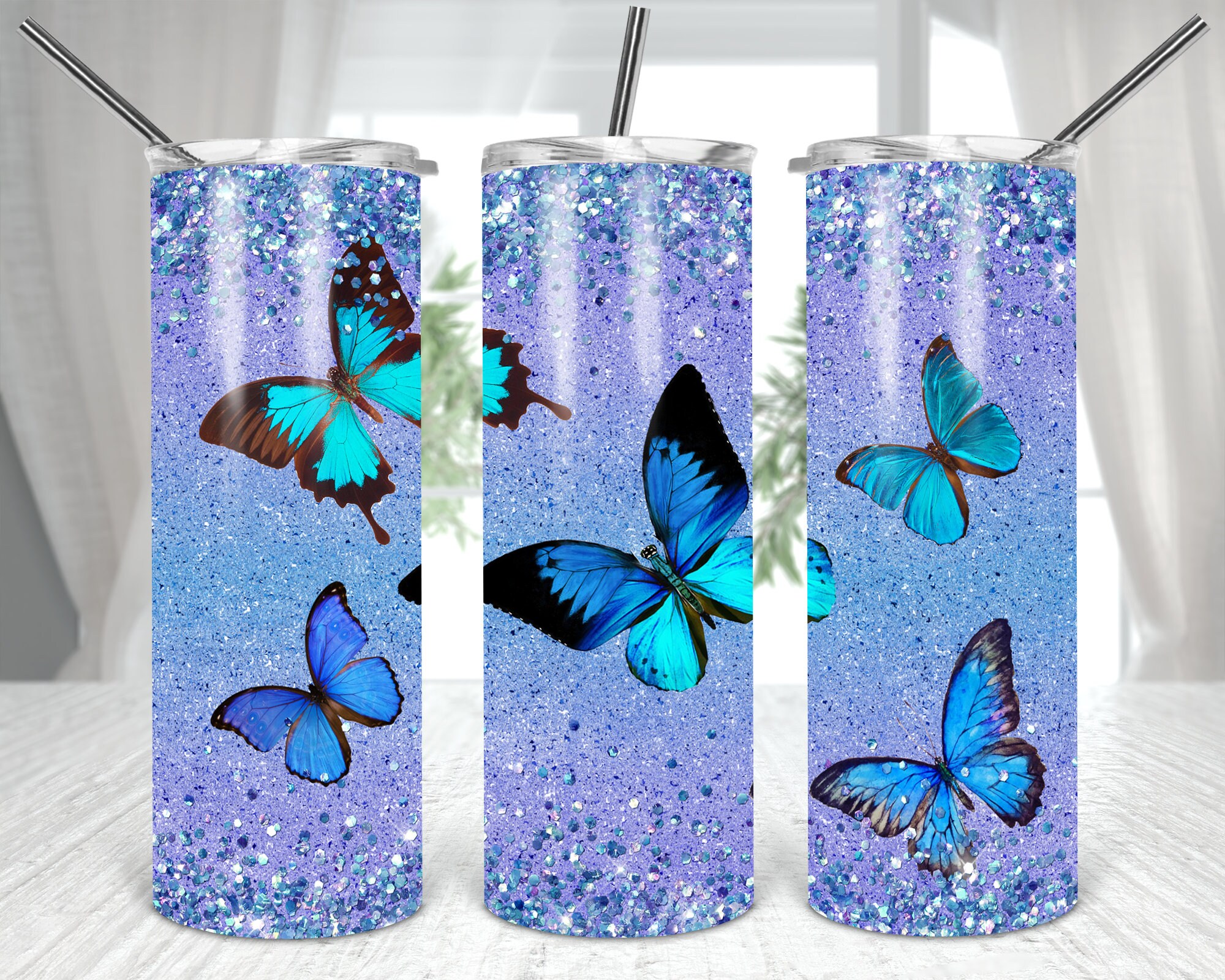 Blue Butterflies 20oz Skinny Tumbler Sparkle Blue Butterfly Etsy