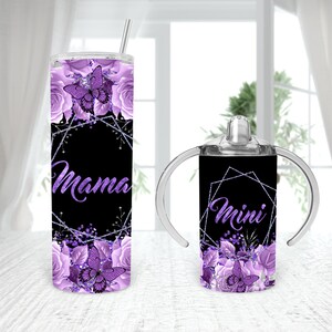 Fioletowy liliowy Dopasowany kubek Mommy me Straight Sippy Cup 12oz 20oz kubek sublimacyjny Projekt boho kwiaty liliowy fioletowy 4 SZABLONY dodaj nazwę tekst